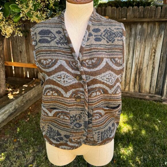 VTG 90s Memphis Button Up V-Neck Sweater Southwestern Earth Vest Women's Size S - Picture 1 of 10
